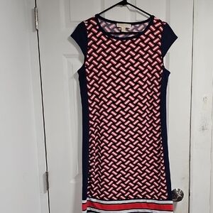 Michael Kors Navy, Red and White Geometric Cap-Sleeve Midi Dress